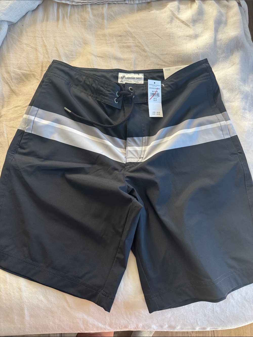 American Eagle Outfitters Men's Black Swim Board Shorts with White Stripe